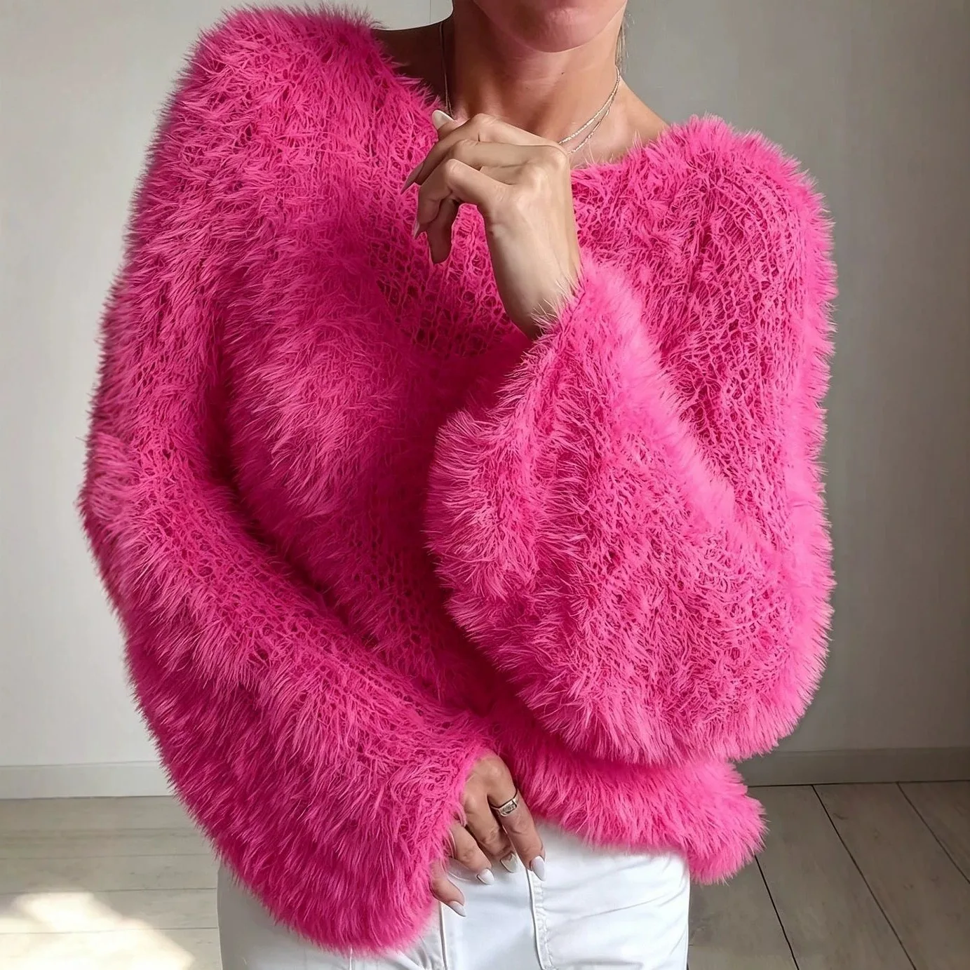 Women Soft Fluffy Fuzzy Knit Sweater, Solid Color Crew Neck Long Sleeve Loose Fit Gentle Furry Pullover Top
