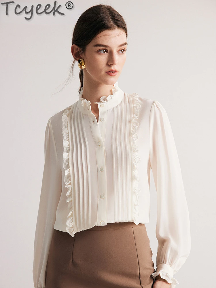 

Tcyeek Woman Shirts 100%Mulberry Silk Stand Collar Ruffles White Chic Blouses 2023 Spring Summer Office Lady Top