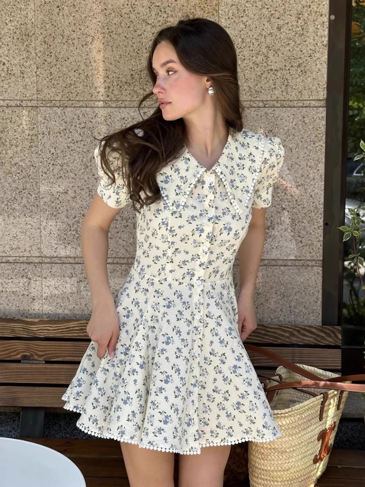 Mini vestido estampado elegante Tossy para mujer, cuello Peter Pan, mangas abullonadas, estilo princesa, contraste, cintura alta, vestido de fiesta para mujer