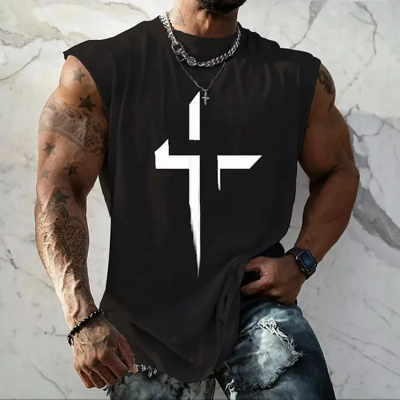 

2025 new cross element fashionable casual sleeveless vest personalized T-shirt for men
