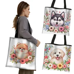 Flowers Puppy Dog Print Shopping Bags Cute Husky Chihuahua Pomeranian Women Handbag Totes Bag Animals Storage Bags Shopper Bag