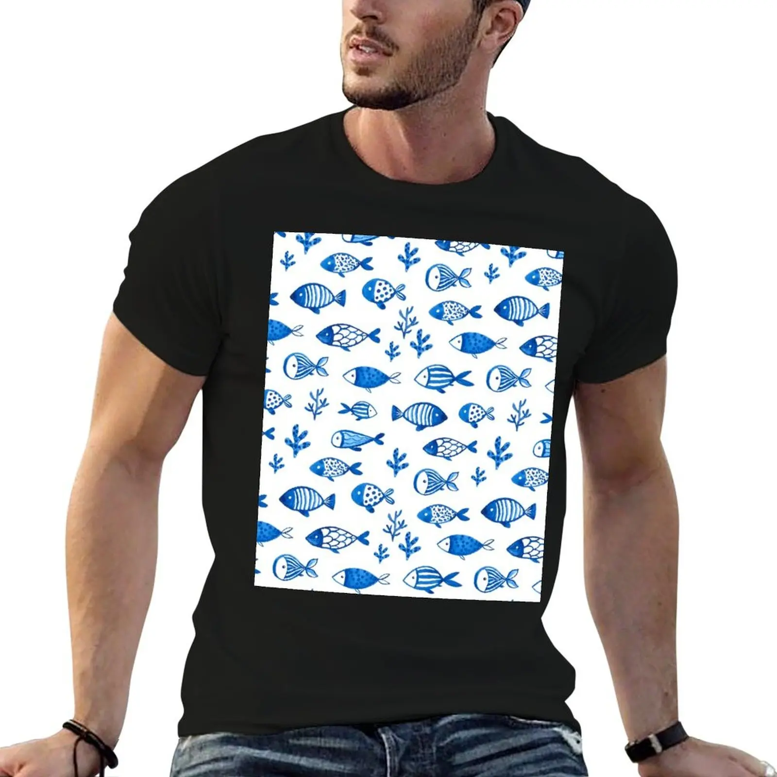 Blue gouache fishes T-Shirt blanks anime stuff mens graphic t-shirts