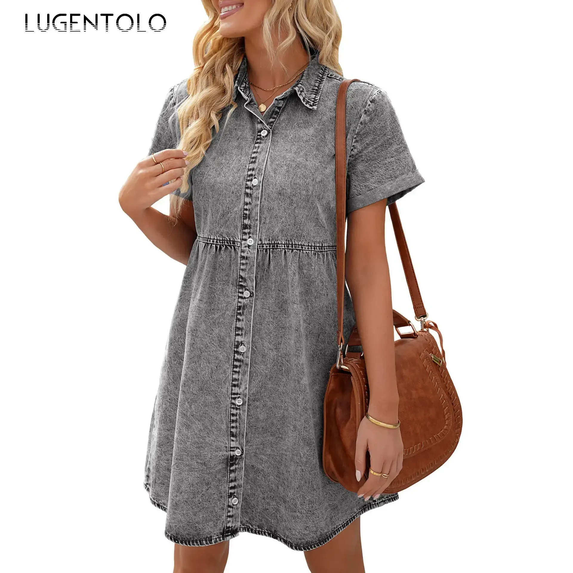 Dżinsowa sukienka damska z krótkim rękawem Casual Street Jednorzędowa sukienka damska z klapami Sweet Big Swing Empire Midskirt