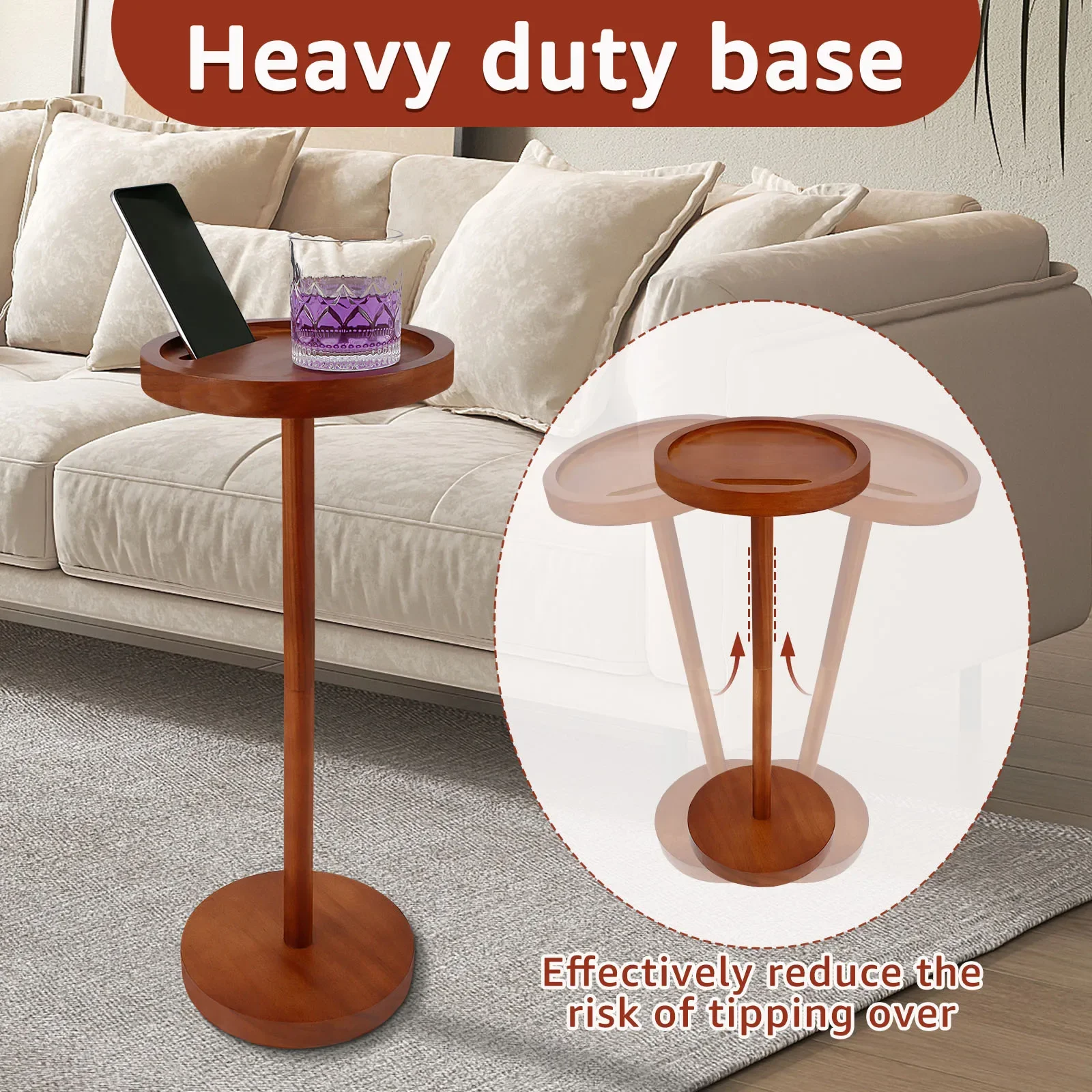 Round Wooden Side Table High 55cm Drink Table with Phone Holder Nightstand Side Table, Storage Desk, Coffee Table for Bedroom