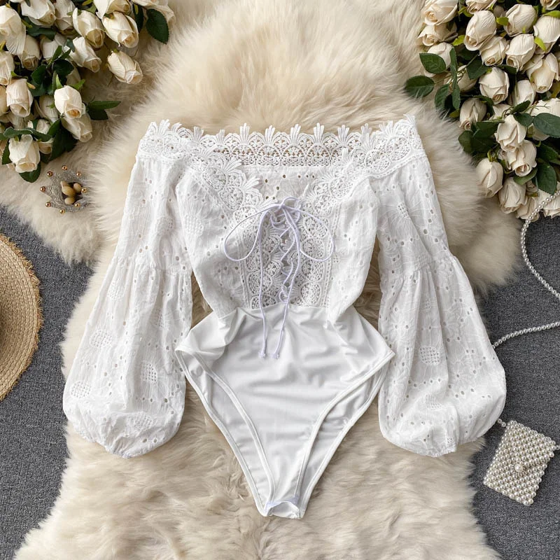 Women's Bodysuits 2024 Summer Autumn Ins Hollow Lace Spliced Lace-up V-neck Off Shoulder Lantern Sleeve Sexy Club Body Suits