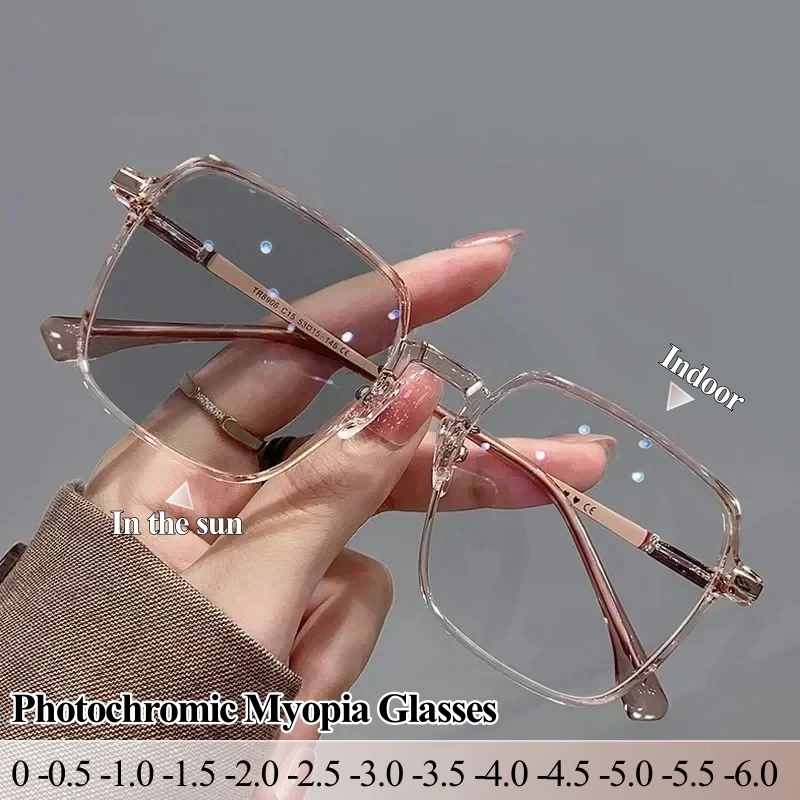 

Fashion Photochromic Prescription Glasses Square Minus Diopter Eyeglasses Anti Blue Light/UV400/Transitions Lenses 0 To -6.0