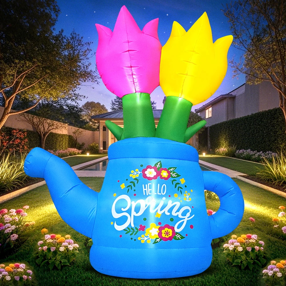 

6FT Spring Inflatable Outdoor Decoration Inflatable Watering Can with Flower Blow Up Flower Decoration, Built-in LED Lights for