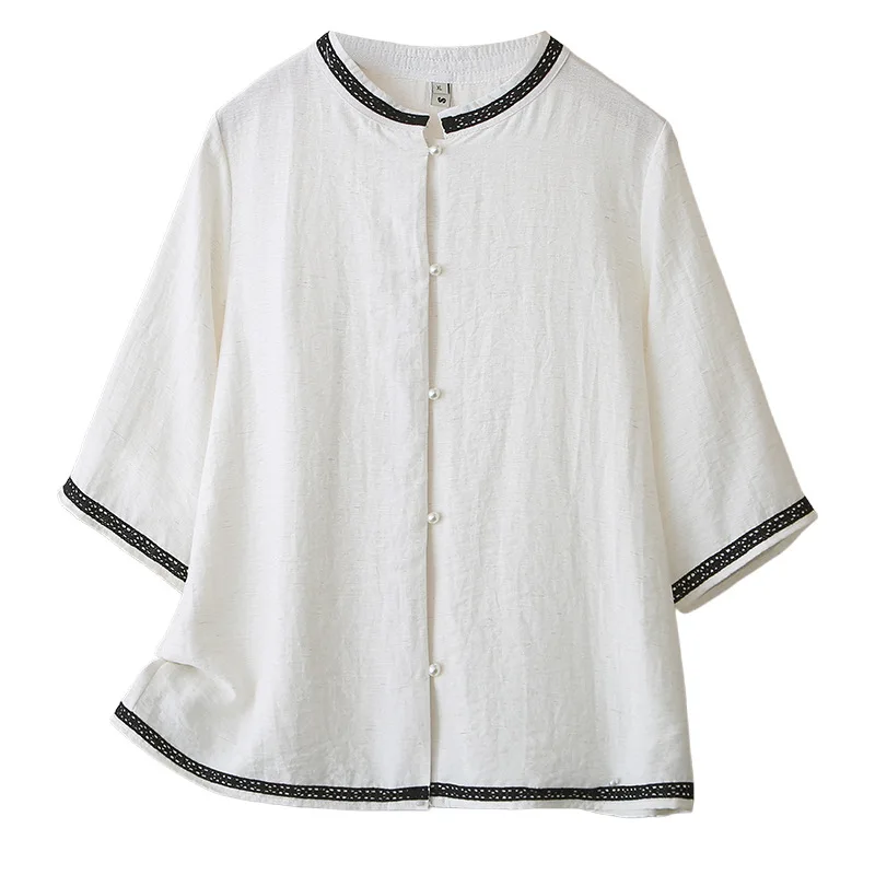 

2026 Spring Summer Plus Size Women Shirt 3/4 Sleeve Cotton Linen Cardigan Casual Loose Blouse 8337