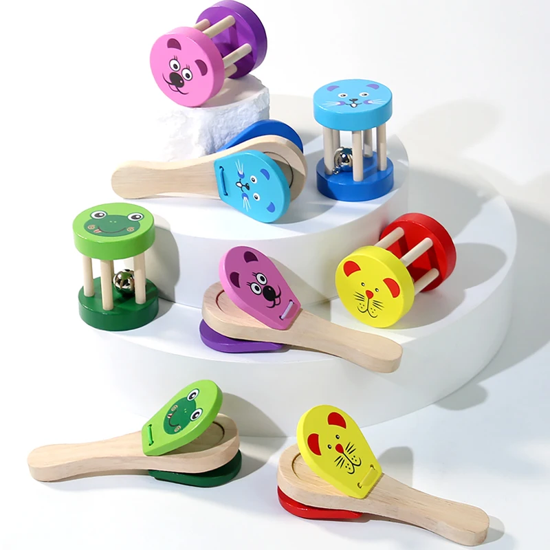 Kids Cartoon Wooden Castanets Bells Music Instruments Baby Clapper Handle Musical Instruments Toys Educational Toys For Children