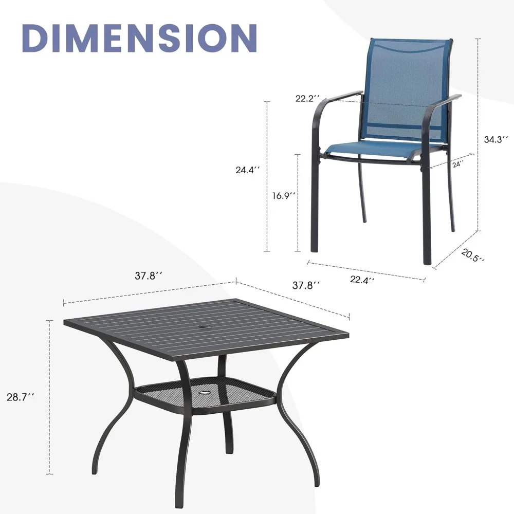 5 pieces patio dining set, patio furniture set of 4 patio stackable dining chairs and outdoor metal square table with storage s