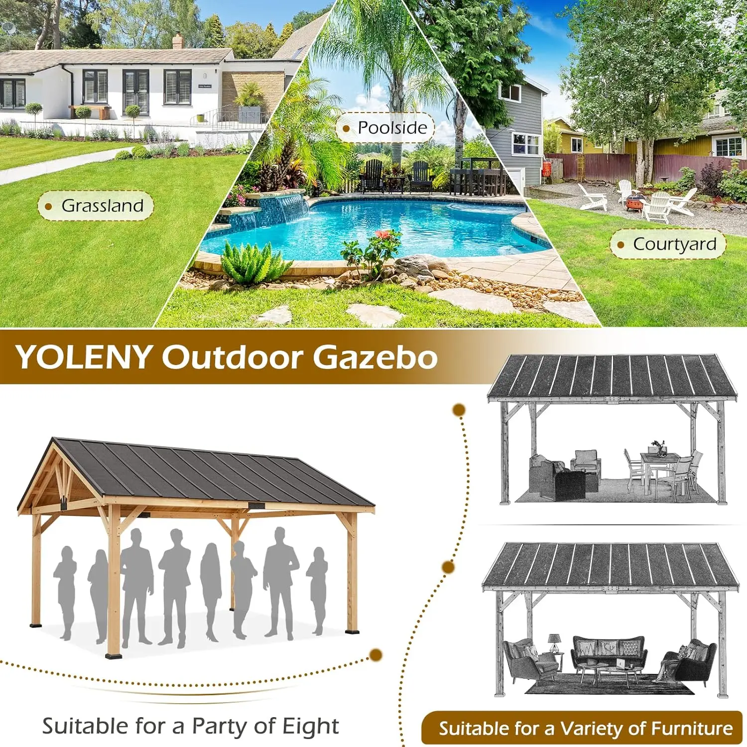 Wood Gazebo, 13' X 16' Gazebo Spruce Wood Hardtop Gazebo, Solid, Waterproof Asphalt Roof, for Lawns, Beach, Easy Assembly