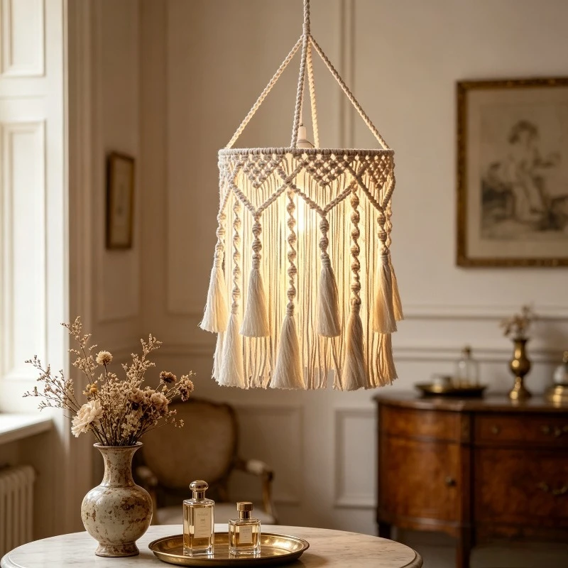 Macrame Lamp Shade Pendant Light Cover Boho Handmade Woven Cotton Rope Hanging Ceiling Fixture for Bedroom Living Room Decor