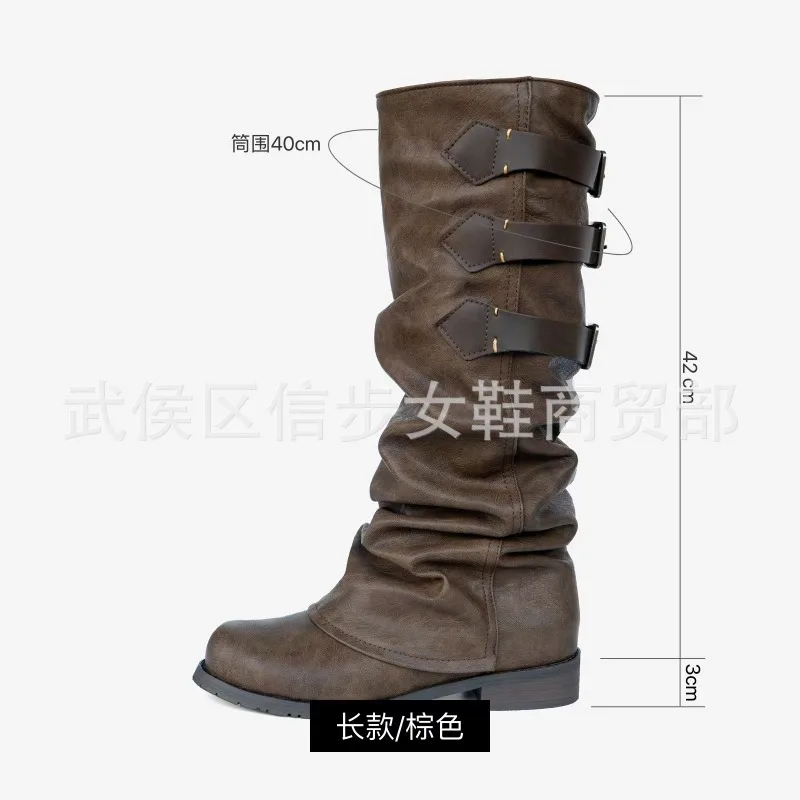 British Style Belt Buckle Women Boots 3CM Low Heels Solid Fashion Casual Large Size 46 Tooling Boots Pleated Retro Mid-Calf Boot - view 4