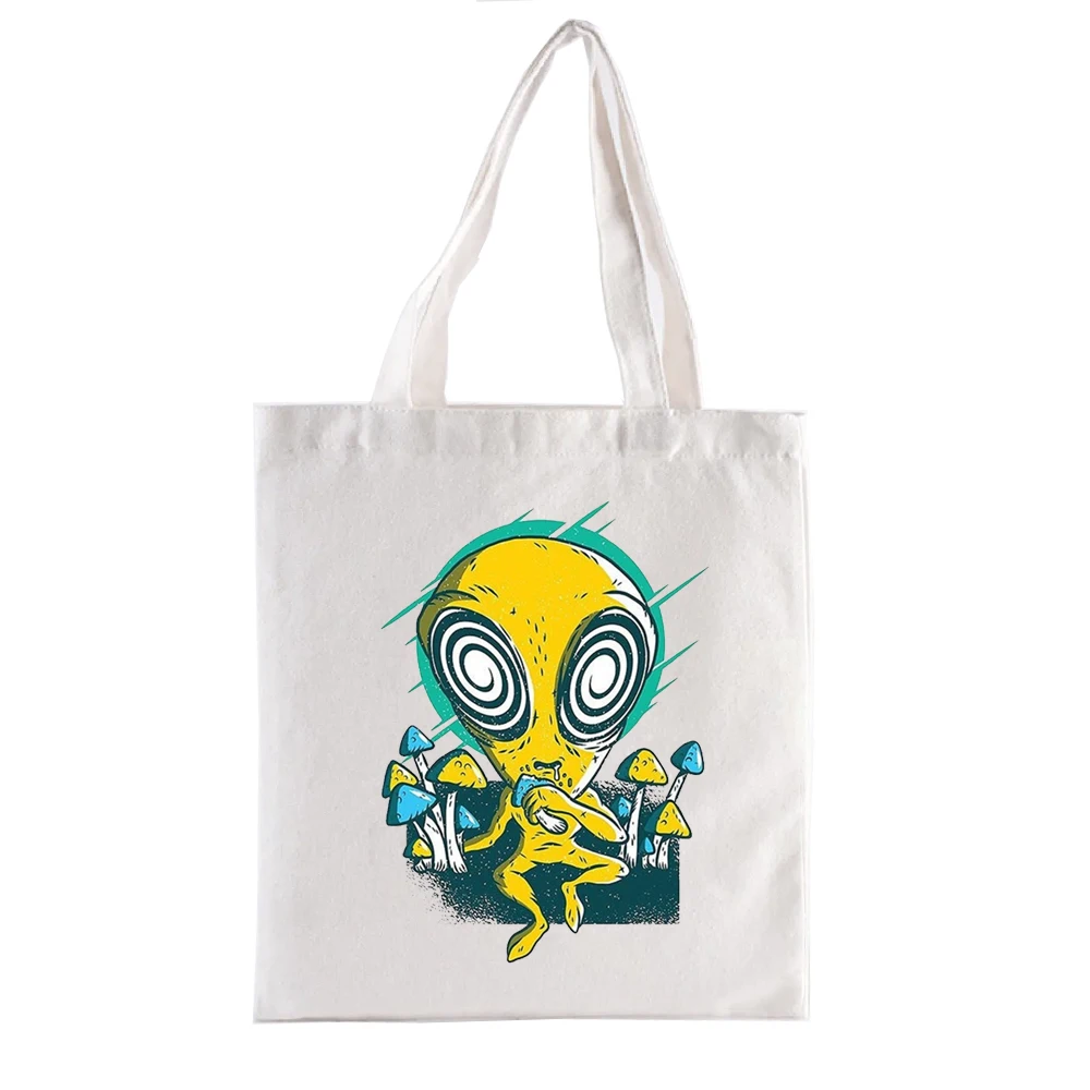 Trippy Alien Eating Magic Mushroom Shrooms Psychedelic Mycology Art Canvas Shoulder Bag S Women's Handbag Fashion Harajuku Bags