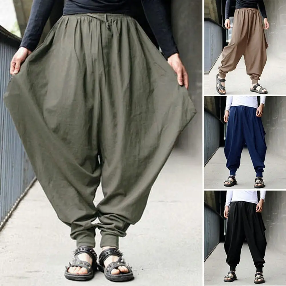 

Men Harem Pants Drop Crotch Solid Color Drawstring Vintage Mid Rise Ankle Tied Baggy Pants Hip Hop Cosplay Pants for Performance