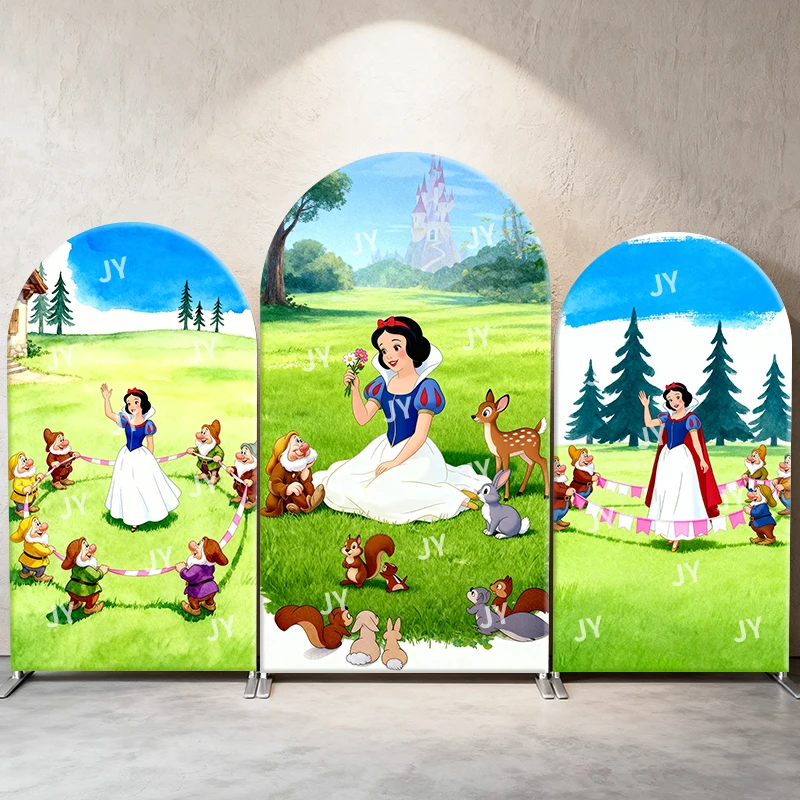 

Snow White Dwarfs And Forest Animals Arch Backdrop Cover Castle Meadow Scene Princess Theme Kids Birthday Party Photo Booth