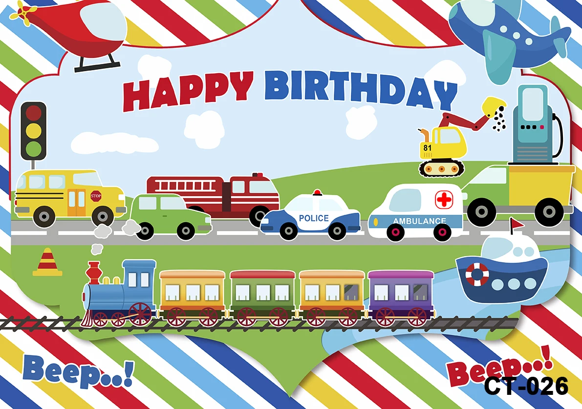 Birthday Party Transport Banner Background Traffic Backdrop for Boys Girls Birthday Party Car Bus Train Plane Boat Car Banner