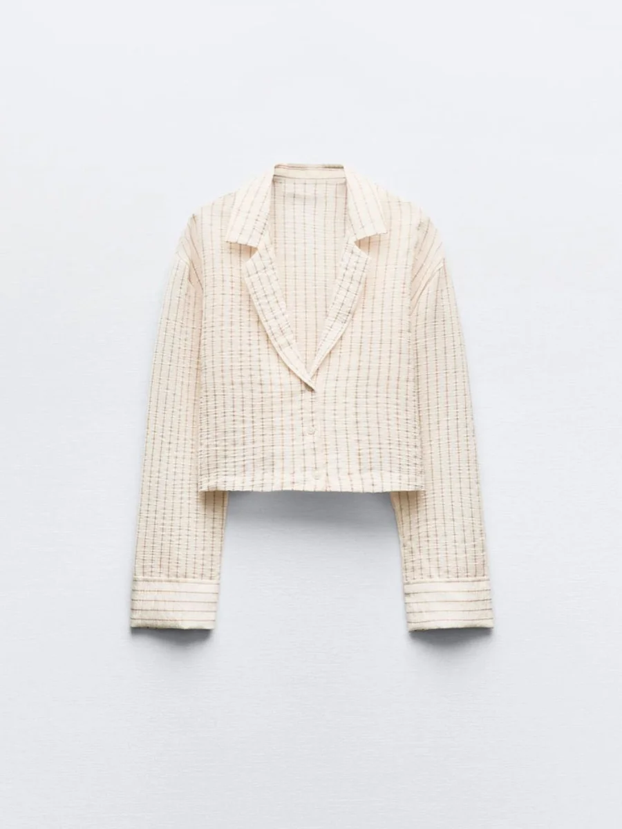 Letnia Nowa Damska Bluzka Stójka Plisowana Efekt Paski Długi Rękaw Do Pracy Sle 00% Inny Materiał