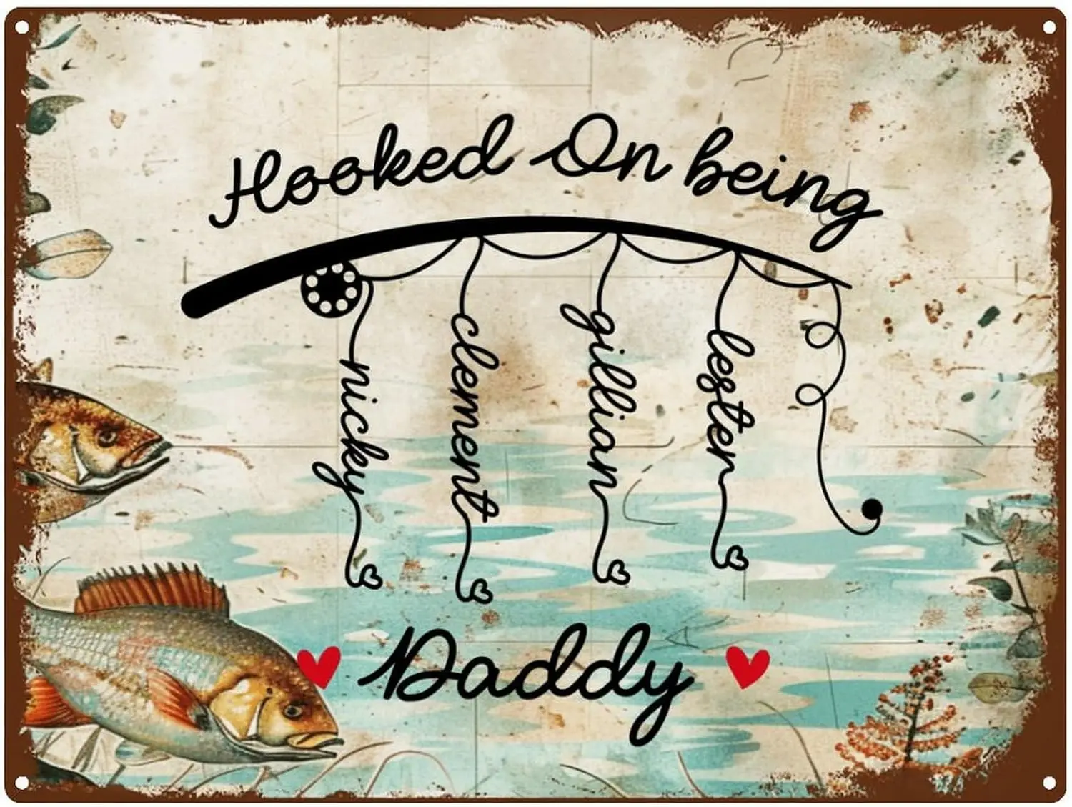 Metal Signs - Hooked On Being Daddy, 16 x 12 Inch, Customize Fishing Sign With Names For Fisher, Outdoor Bathroom Bar Wall Print