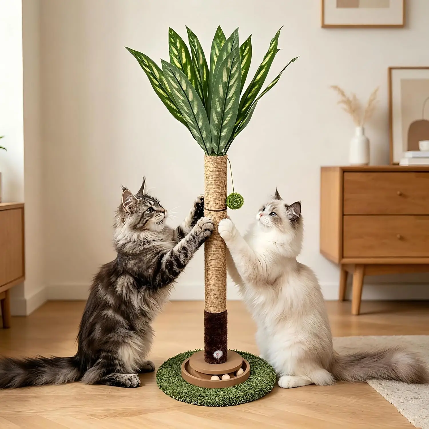 

35 inch Cat Scratching Post with Hanging Ball and Mouse Toy for Indoor Cats, Sisal Rope Scratcher
