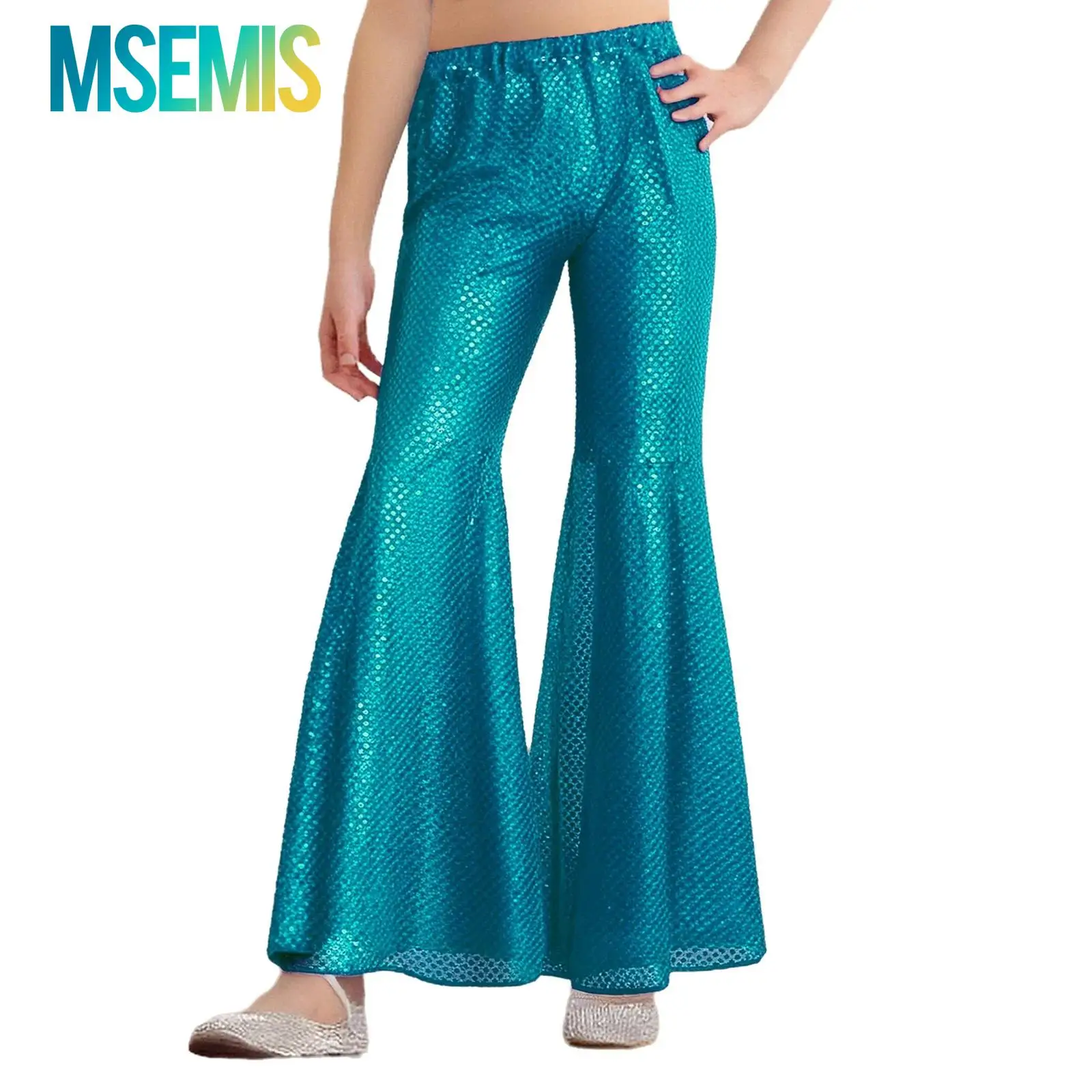 

Детские брюки для девочек в стиле хип-хоп и джаз, карнавальный костюм для танцев, блестящие брюки с пайетками, расклешенные брюки-клеш, танцевальная одежда