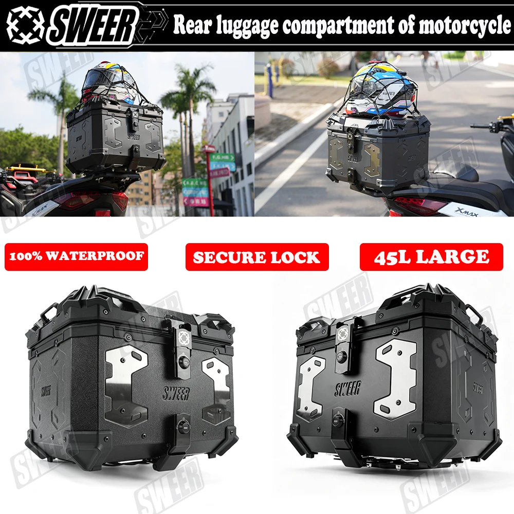 Universal 45L motorcycle aluminum box, aluminum top box, rear key lock easy to install motorcycle trunk