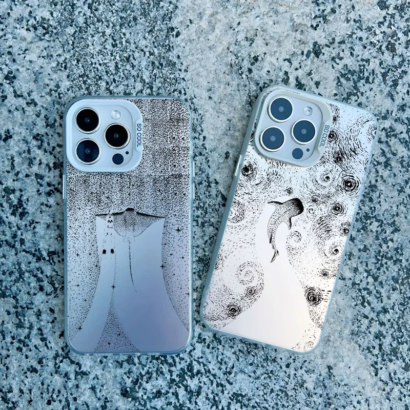 Ocean Animal Cute Dolphin Sea Turtle Painting Phone Case For Iphone 17 16 14 15 12 13 Pro Max Plus 13 Mini 11 White Laser Cover