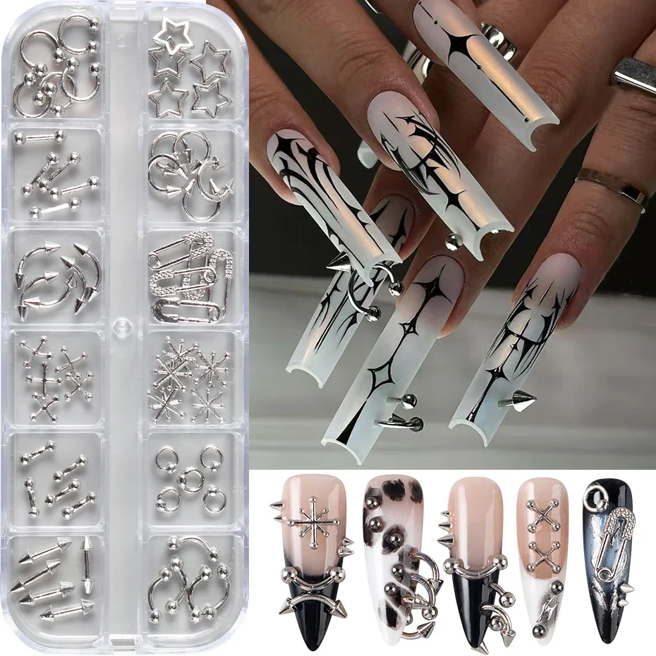 12 Grids Punk Silvery Golden Rivets Style Nail Charms Y2K Metal Golden Pierced Rivets Solid Nail Art Decoration Nail Accessories