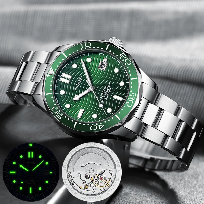 

NIBOSI Luxury Automatic Watches Men's Mechanical Watch Dive Stainless Steel Waterproof Date Watch Relogio Masculino Reloj Hombre