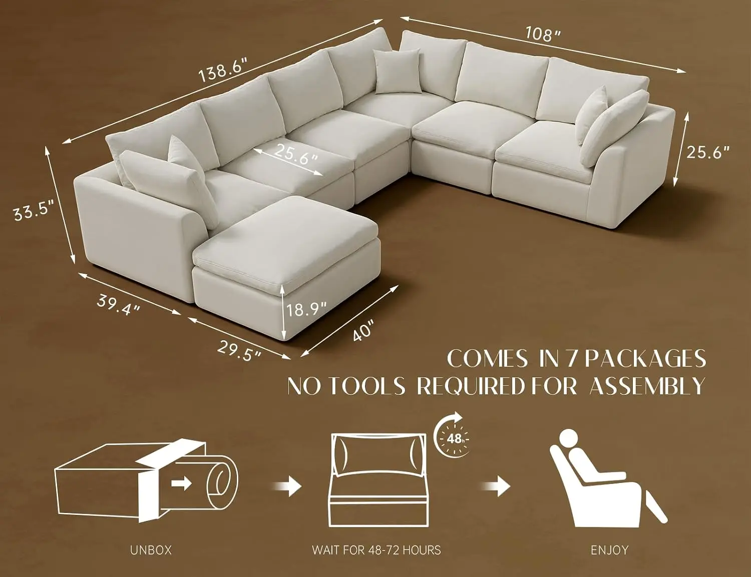 Oversized Cloud Couches for Living Room, Convertible Sectional Couch with Ottoman, 7 Seater Large Modular Sectional Sofa, Warm W