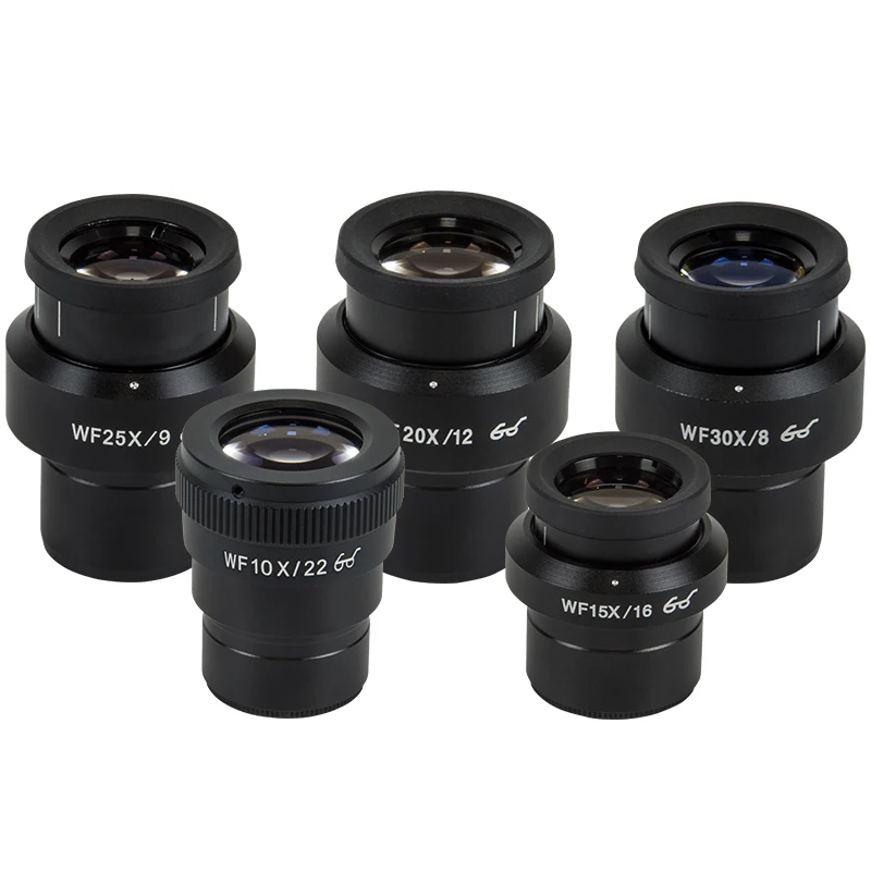 The microscope features adjustable wide-angle eyepieces: WF10X, WF15X, WF20X, WF25X, WF30X, with an interface of 30 millimeters