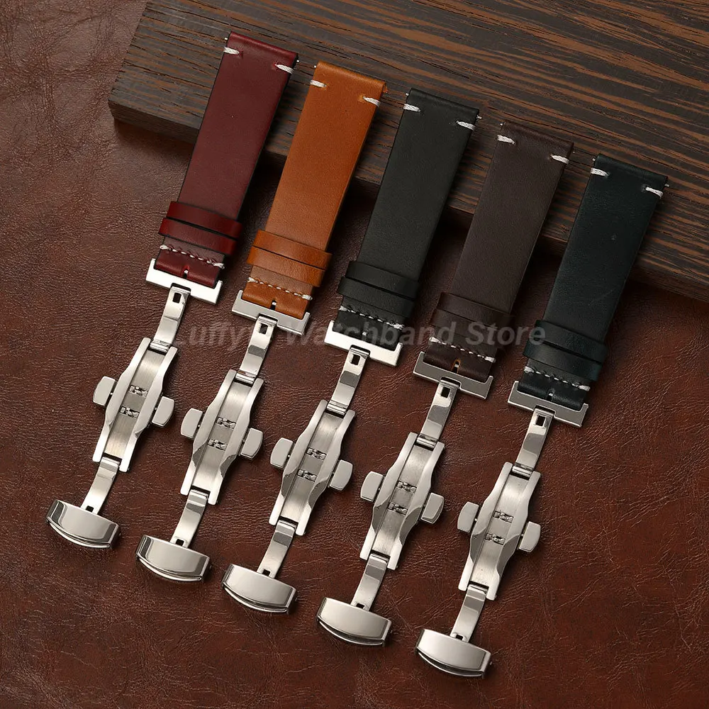Men Universal Oil Wax Leather Watch Band With Butterfly Buckle Quick Release Spring Bar 18mm 20mm 22mm Comfortable Wristband image 4