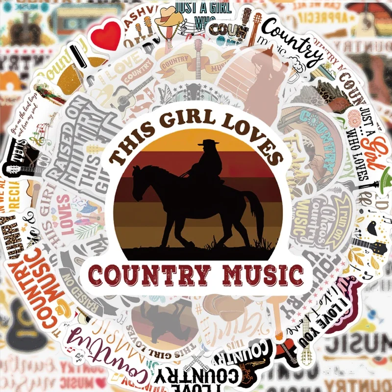 50 Country-Musik-Aufkleber, lebendige Aufkleber, geeignet zum Dekorieren von Wasserflaschen, Laptops, Mobiltelefonen, Gepäck, Skateboards, Gitarren, Geschenkboxen, Partydekorationen