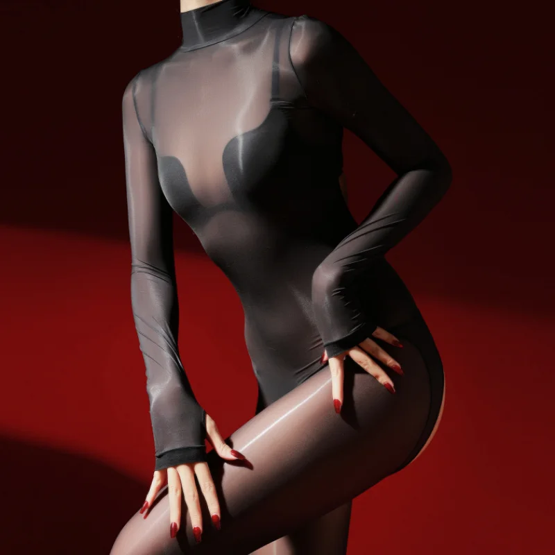 

Sexy Tight One-Piece Suit High Collar Men's iny Open Crotch Leggings Woman Suit Ultra Thin Low Waist Long Pants Nylon