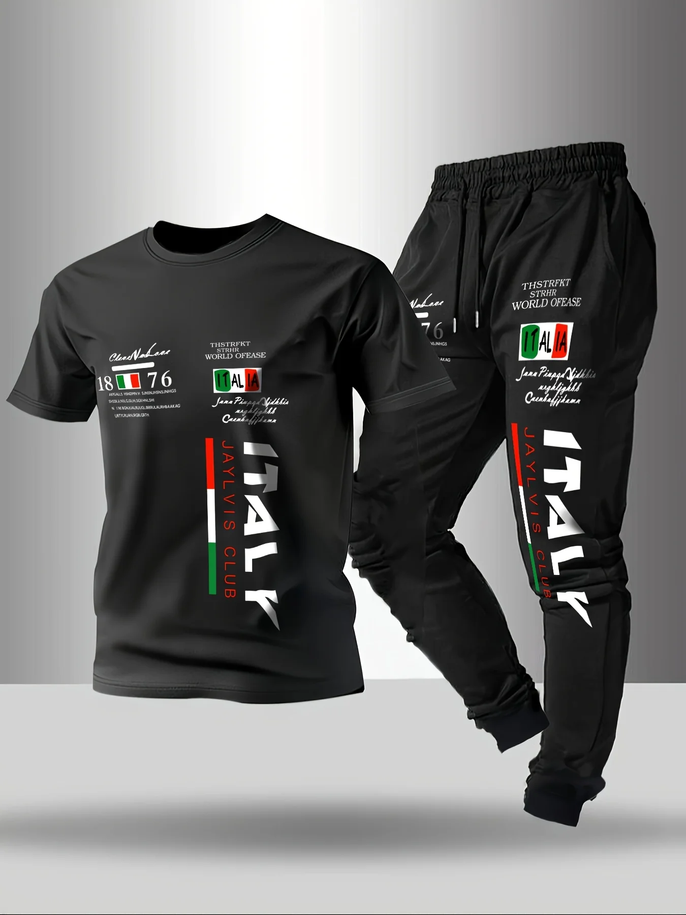 Summer fashion men's Italian letter print breathable and comfortable round neck T-shirt and pants set outdoor casual wear - Image 3