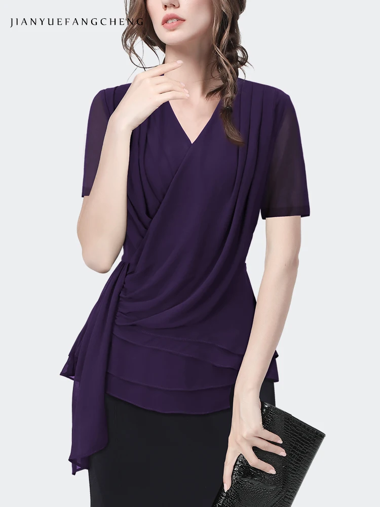 Fashion V-Neck Slim Women\' Short Sleeve Purple Chiffon Top Summer Blouses Asymmetrical Ribbon Design Casual Working Shirts