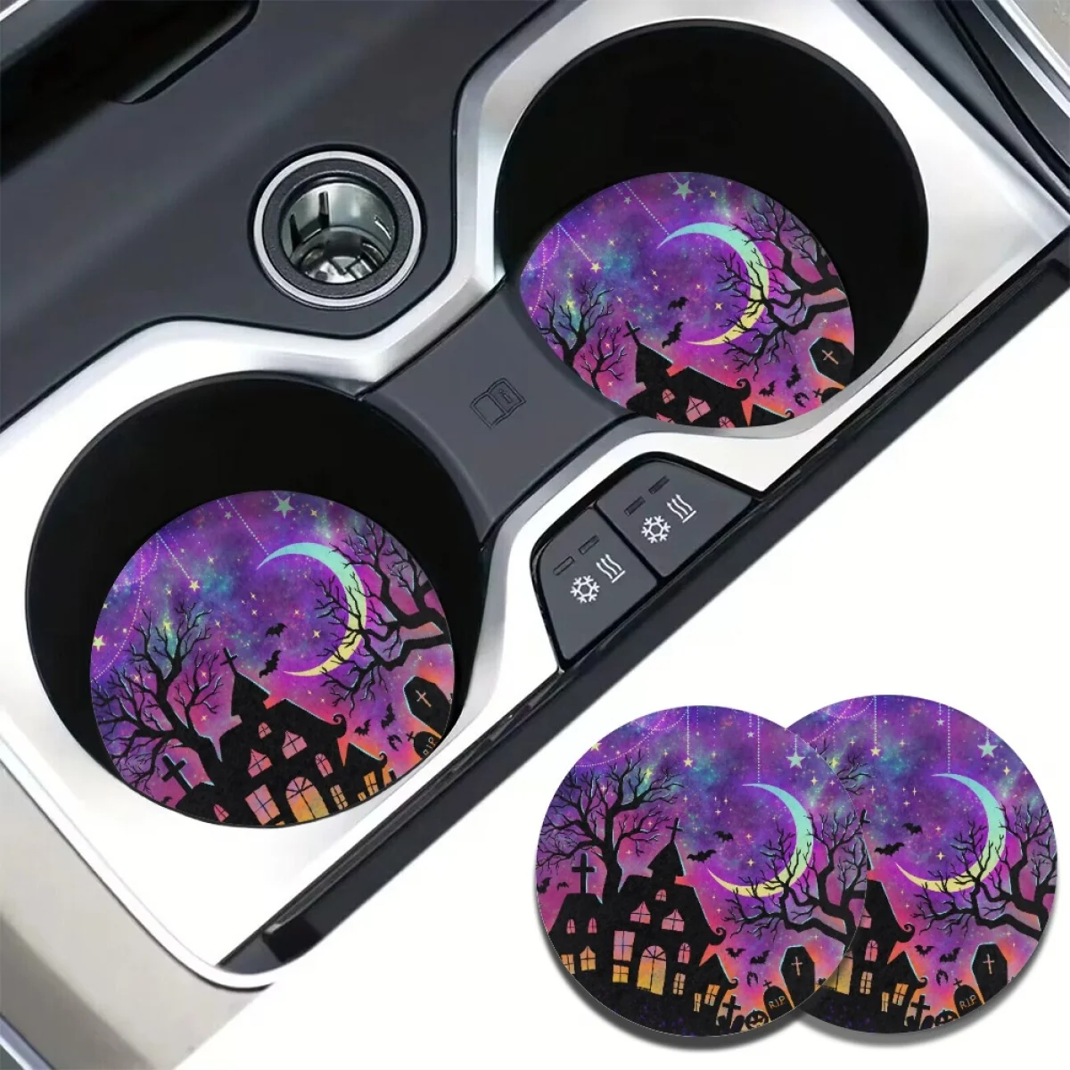 Castle Broom Moon Grave Bat Print Water Coaster for Car Dirt Resistant Premium Cloth 2pcs Cup Pad Universal Fit Auto Truck Van