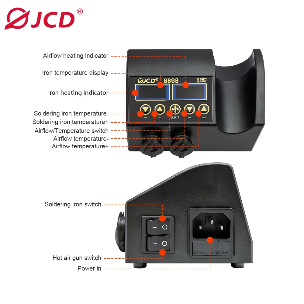 JCD 8898 2-in-1 750W hot air gun LCD display mobile phone welding rework station repair soldering iron hair dryer 8898-6TK