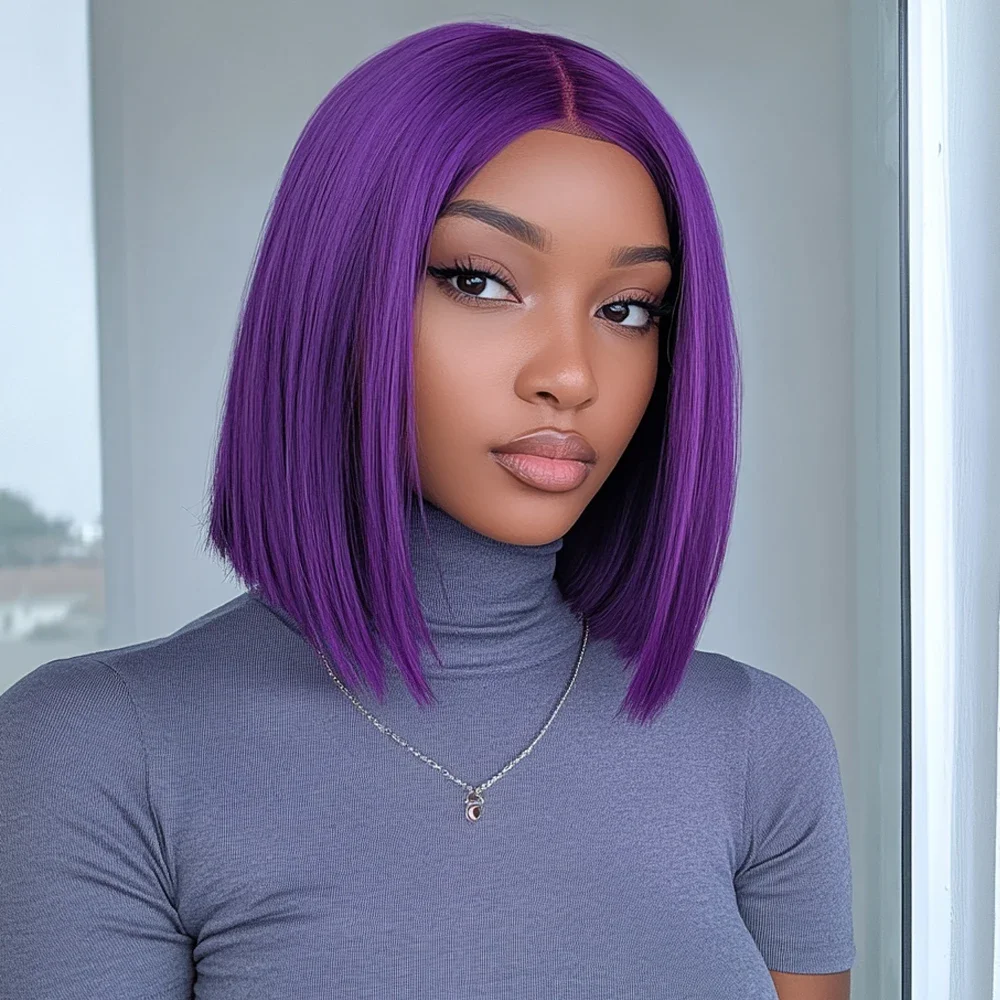 

Debut Purple Color Transparent Short T Lace Bob Human Hair Wigs Peruvian Straight 13x6x2 Lace Front Wig For Women Pre Plucked