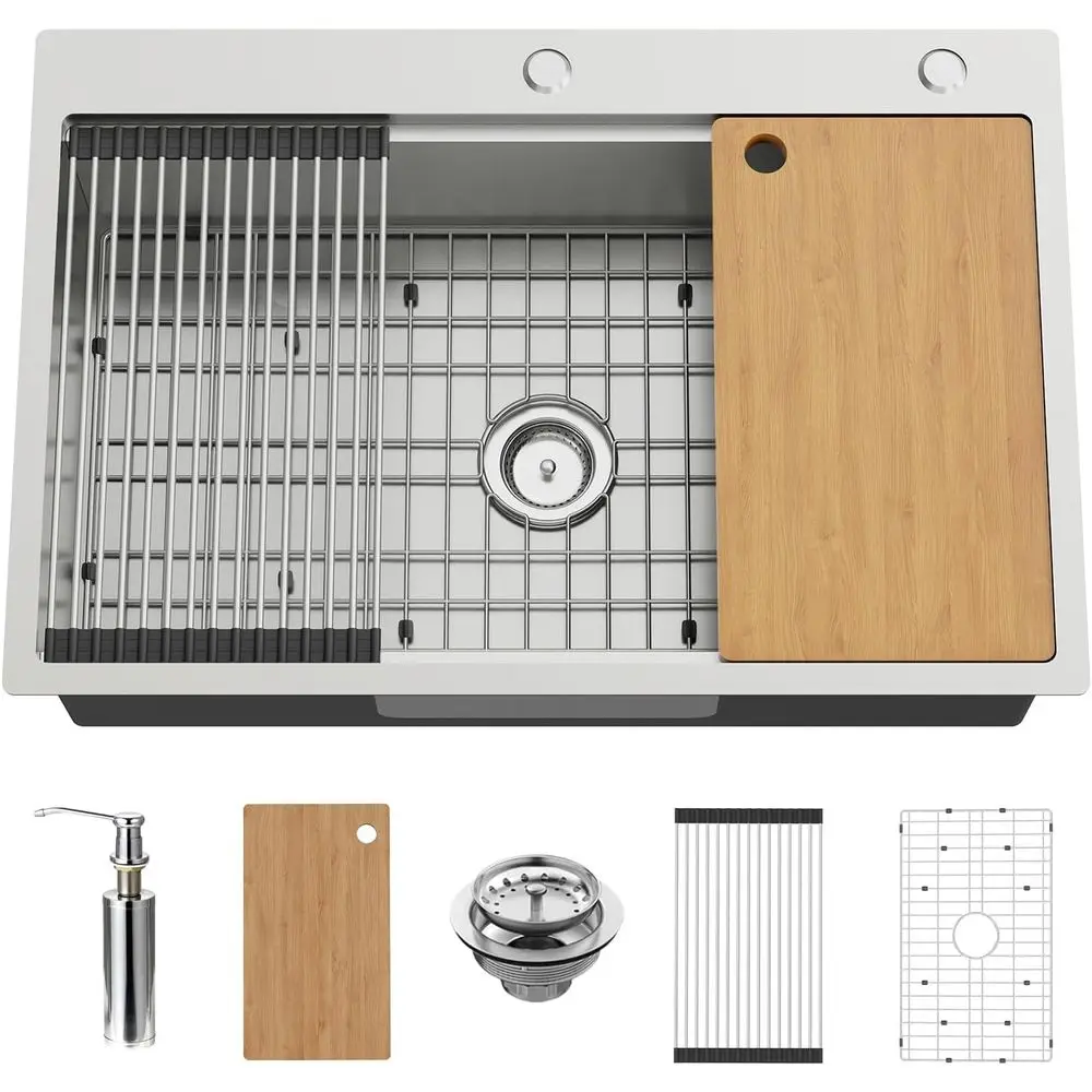 

33x22In Drop In Kitchen Sink Workstation- StainlSteel Topmount ern Large Single Bowl Workstation Sink Come With SS Grid,Drying R