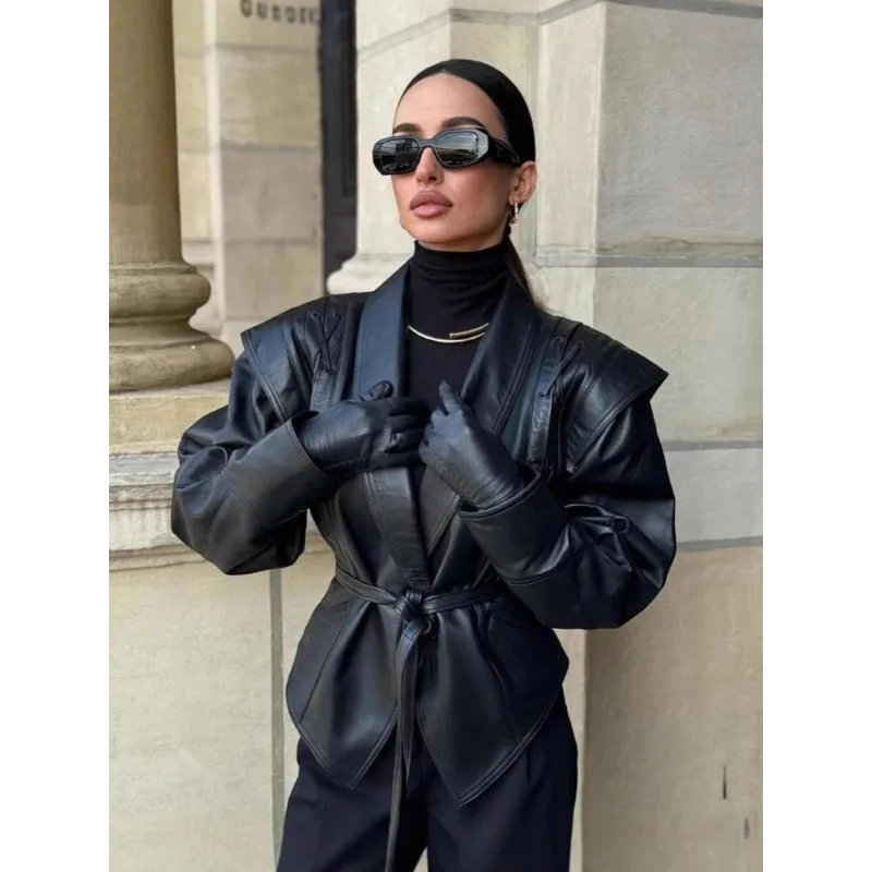 Nueva chaqueta de cuero con cordones Retro de invierno Popular transfronterizo europeo y americano chaqueta de cuero Pu con solapa de moda informal para mujer