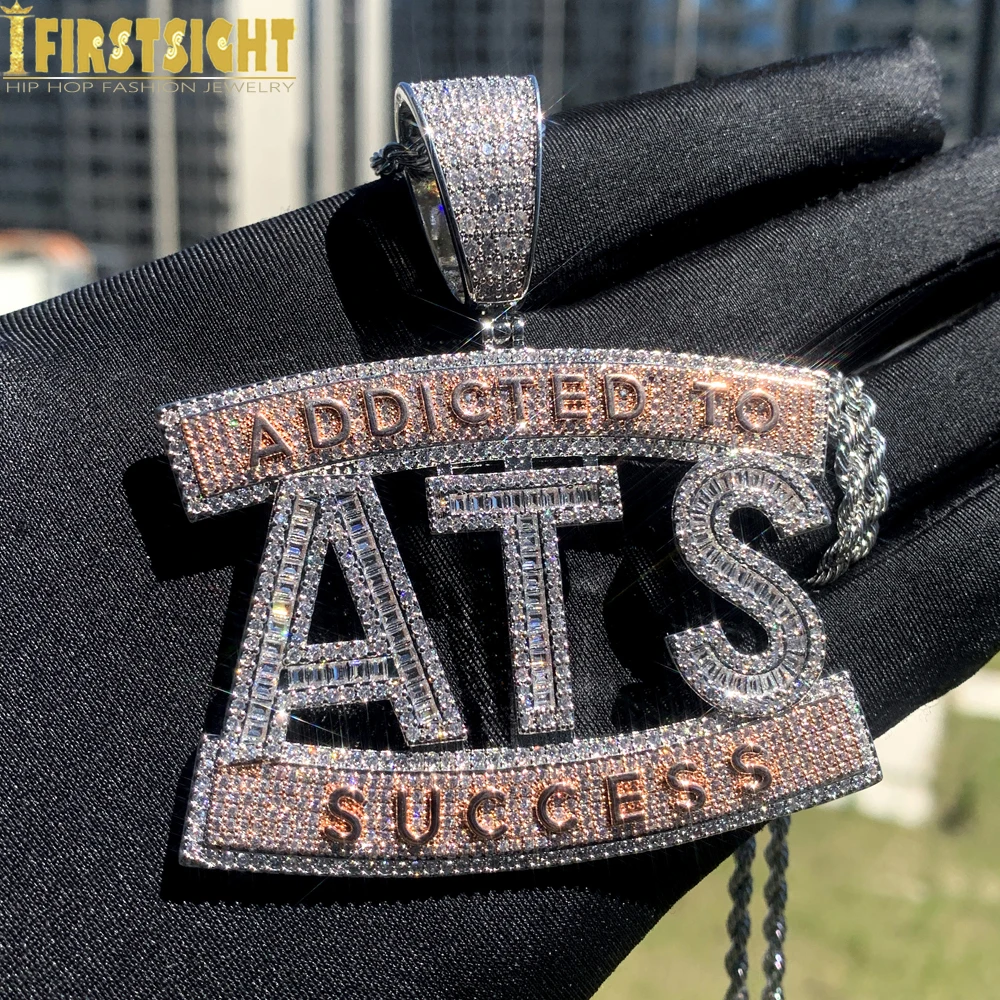 New Iced Out Bling 5A Zircon CZ Letter ATS Pendant Necklace Gold Color Addicted To Success Charm Men Women Hiphop Jewelry