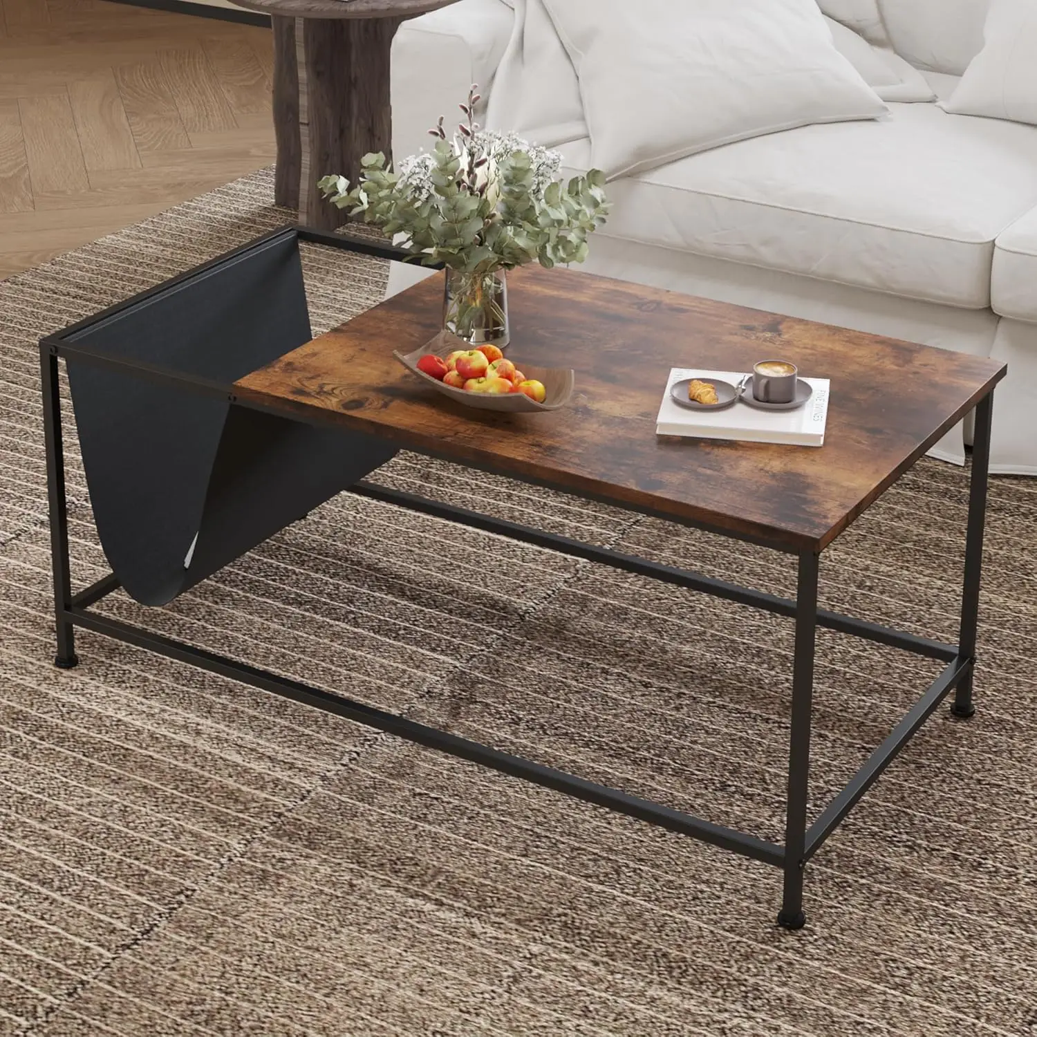 Rectangle Wood and Metal Coffee Table with Storage Shelf for Small Living Rooms with Pocket