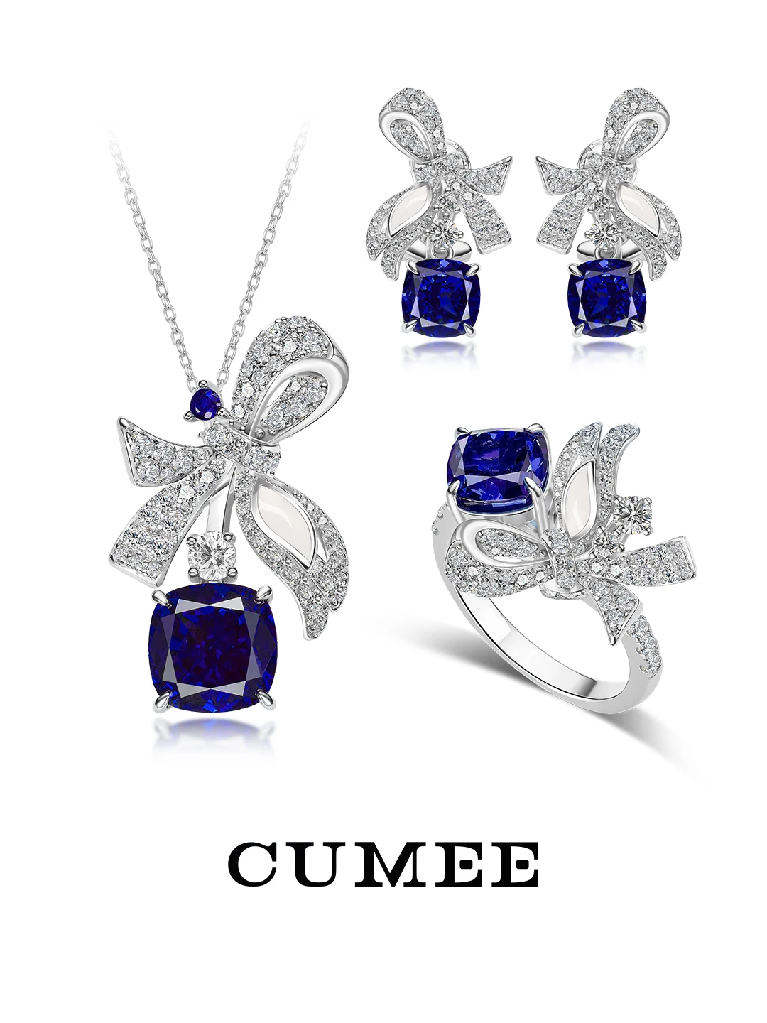 

CUMEE New Versatile Small Fresh Bow Design Cultivated Synthetic Sapphire Set Silver Gold Plating