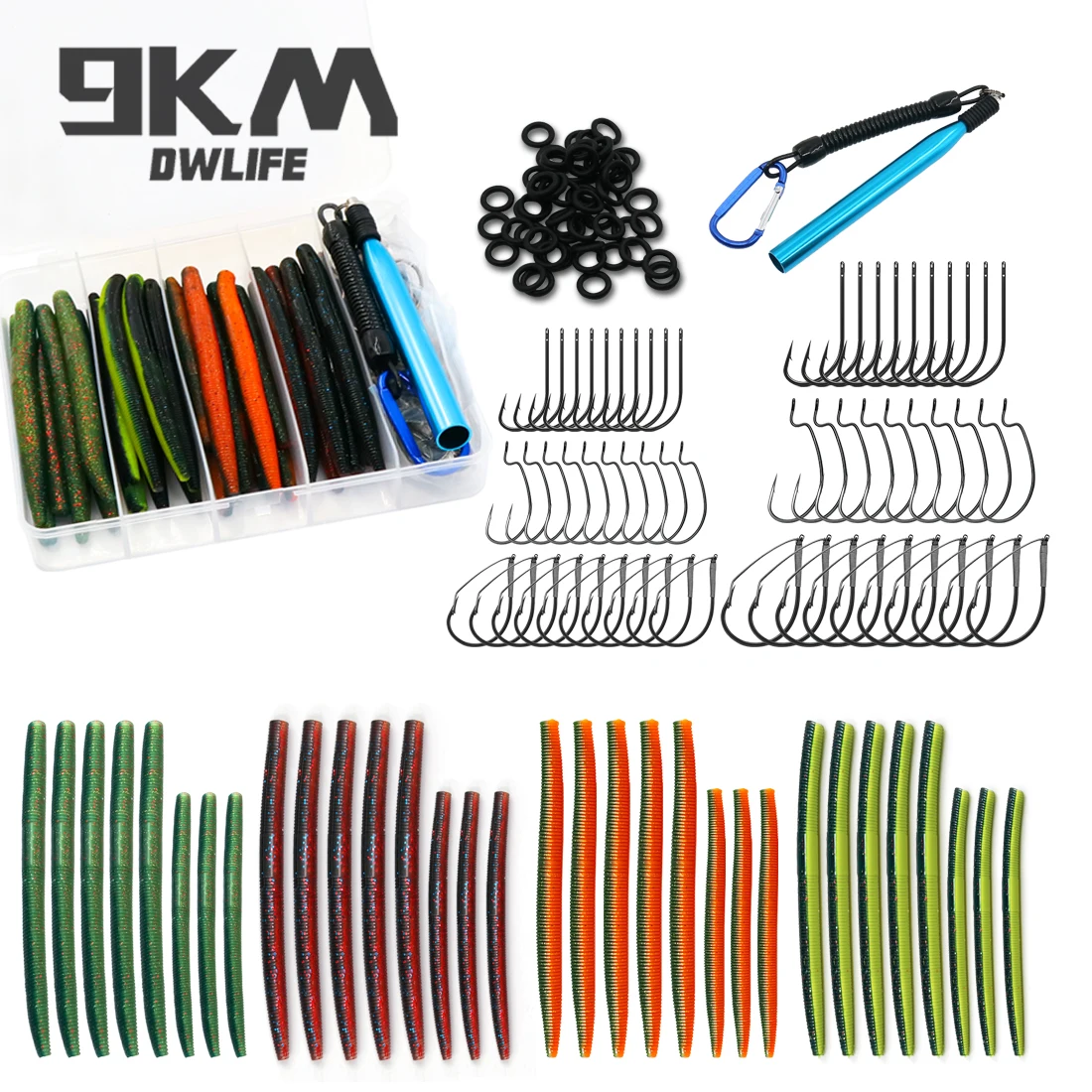 

Комплект Wacky Rig 9KM для ловли окуня, 143/171 шт., мягкие пластиковые дурацкие черви (4 дюйма и 5 дюймов), крючки и инструменты для уплотнительных колец для окуня