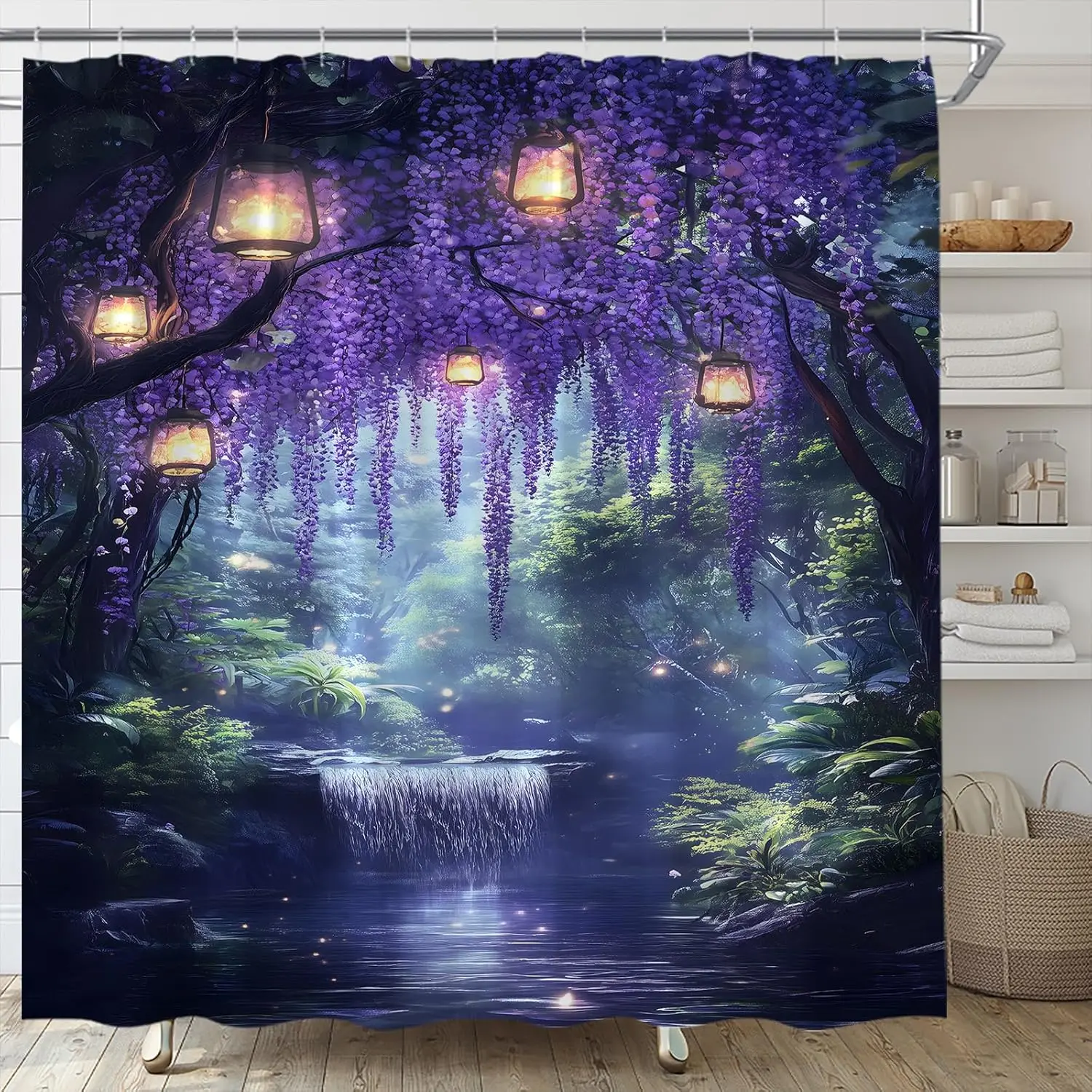 Cortina de Ducha Bosque Encantado, Glicinia Morada, Jardín de Fantasía, Cascada, Paisaje de Cuento de Hadas, Decoración de Baño de Tela