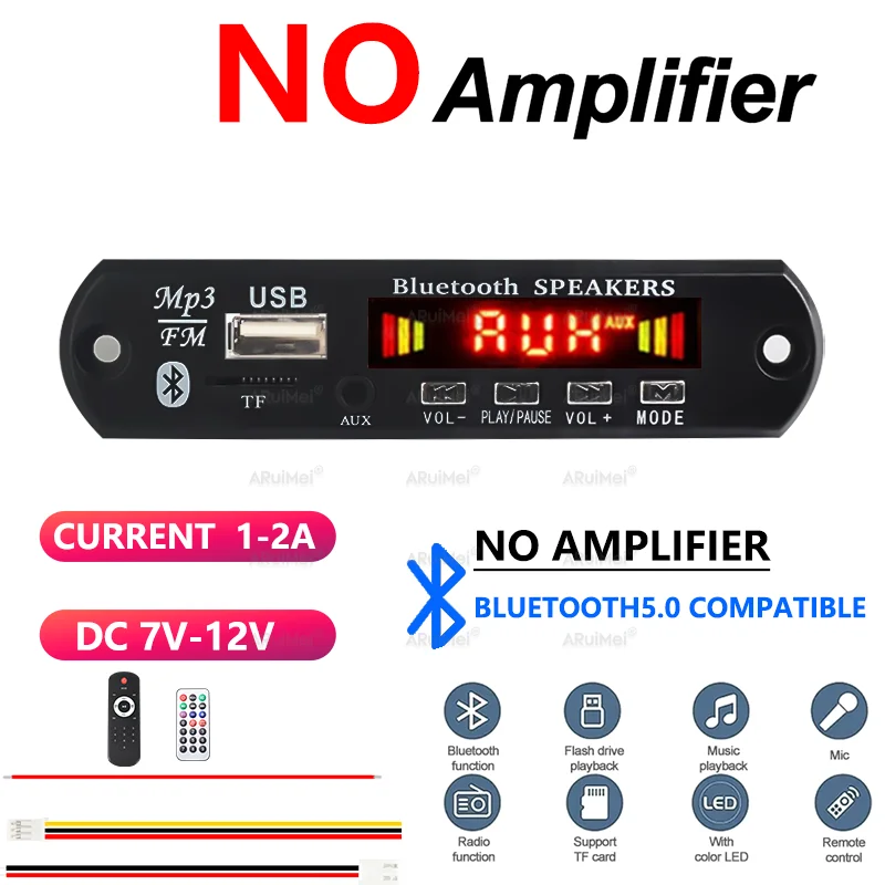 Bluetooth 5.0 MP3 Decoder Board, Audio Player Module with USB/TF/FM/AUX, Remote Control, DC7-12V (No Amplifier)