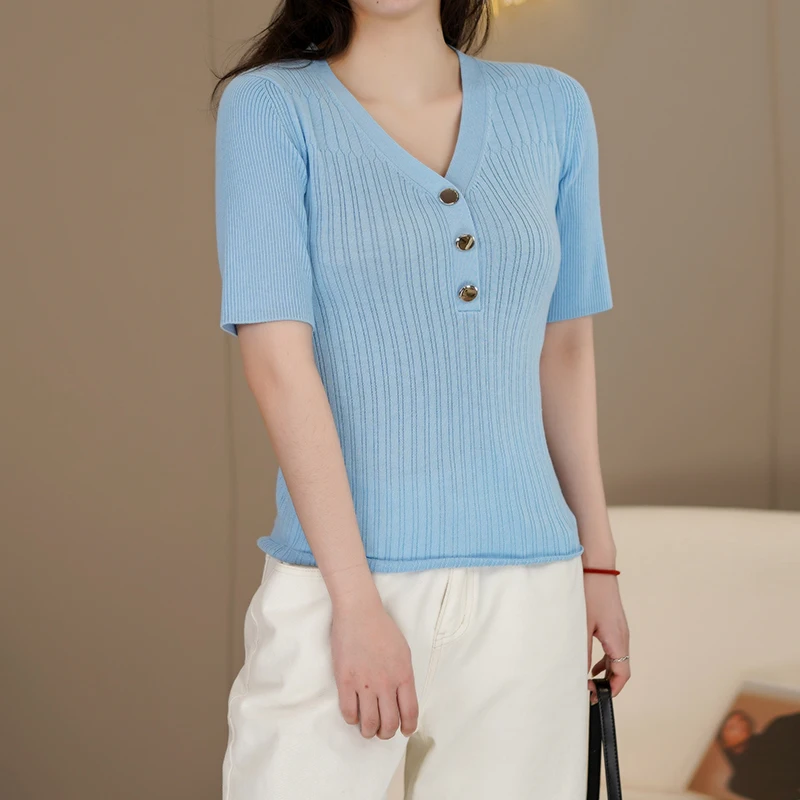 Women's Mulberry Silk Knit Tops Spring & Summer Slim Sheep Wool Knitwear Ladies Elastic Silk Wool Knit Tee Shirts Short Sleeved