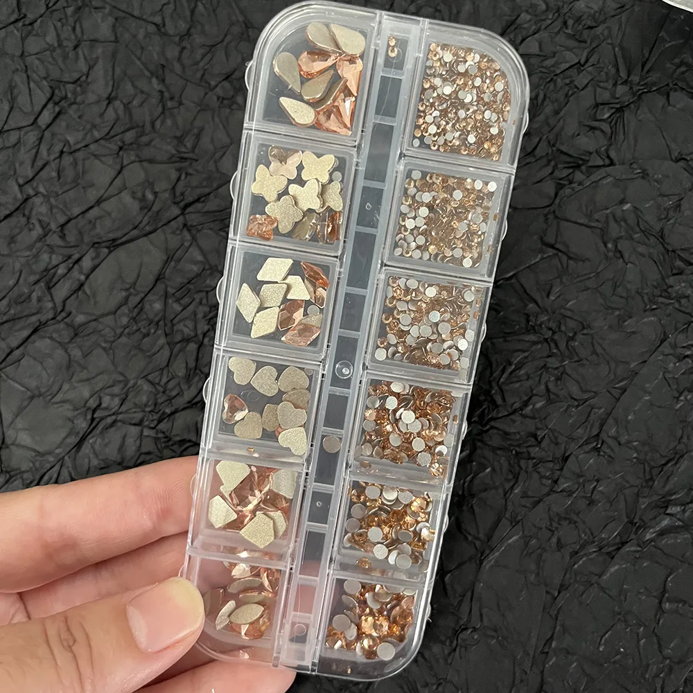 12 Gird BoxED หลายขนาดคริสตัลเพชร 3D Flat-back AB/สีสัน nON-Hotfix Glitter Rhinestone (120 ชิ้น + 720 ชิ้น) เล็บอัญมณี