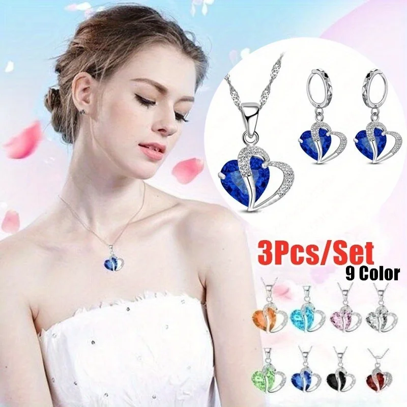 3pcs/set Women Fashion Luxurious Heart Crystal Zirconia Pendant Necklace Earring Set Amethyst Crystal Wedding Jewelry Pick color